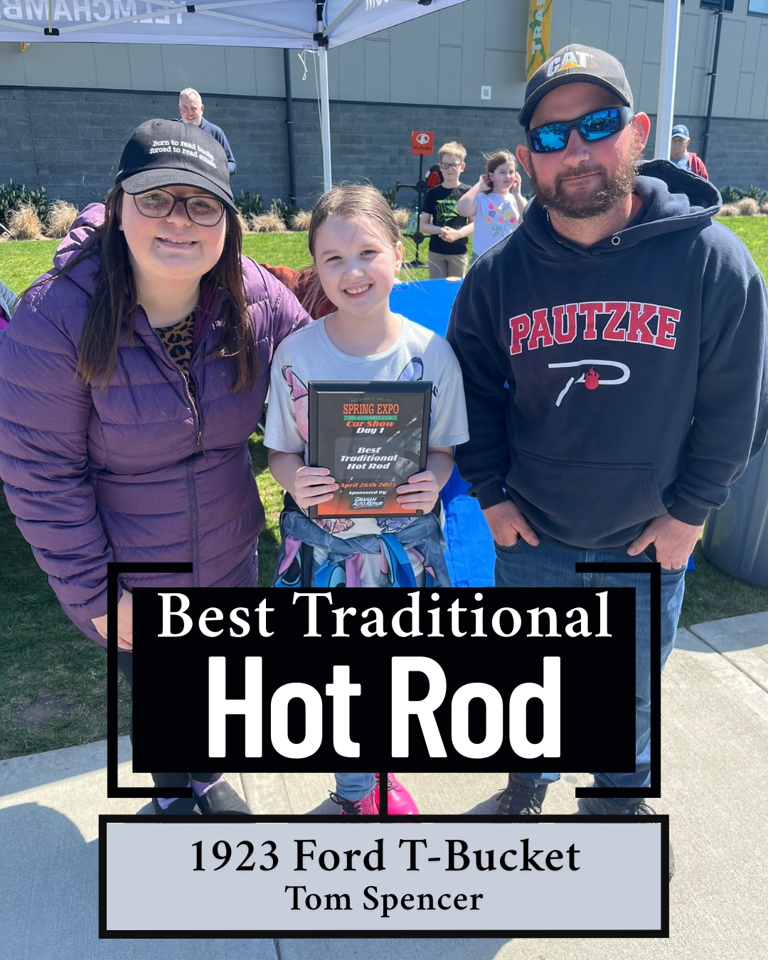 Best Traditional Hot Rod winner Tom Spencer, 1923 Ford T-Bucket with award from Graham Auto Repair